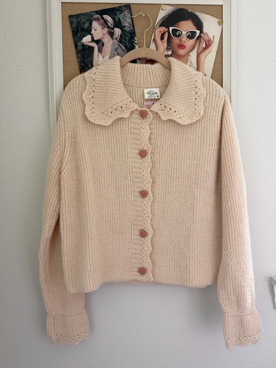 Sweaters - Cream Button-Up Knit Sweater with Scalloped Collar and heart bottons